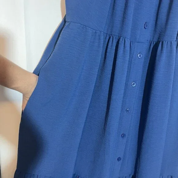 Maggy London Shirtdress 12 Blue Ruffle Sleeve Scoop Neck Tiered Pockets Buttons - Picture 7 of 10